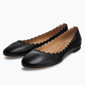 Chloe Lauren Black Leather Scalloped Ballet Flats